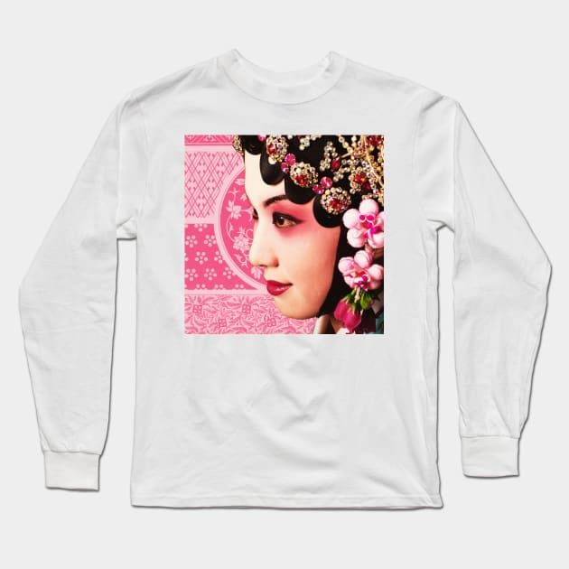 Chinese Opera Star with Blush Pink Traditional Pattern- Hong Kong Retro Long Sleeve T-Shirt by CRAFTY BITCH